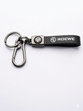 Leather Keychain for MG Roewe, Black, with Metallic Carabiner Ring
