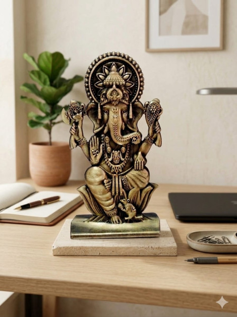 Ganesh Idol Gold Finish Murti for Home Office and Car Dashboard God(free key chain