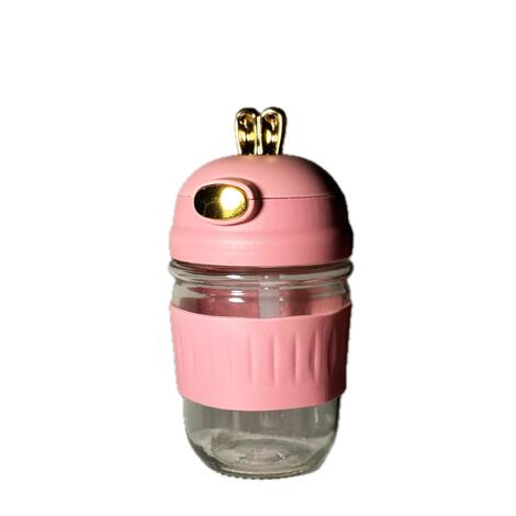 Cute Rabbit Style Portable Reusable Glass Coffee Mugs with Lids and Straw, Anti-Slip Silicone